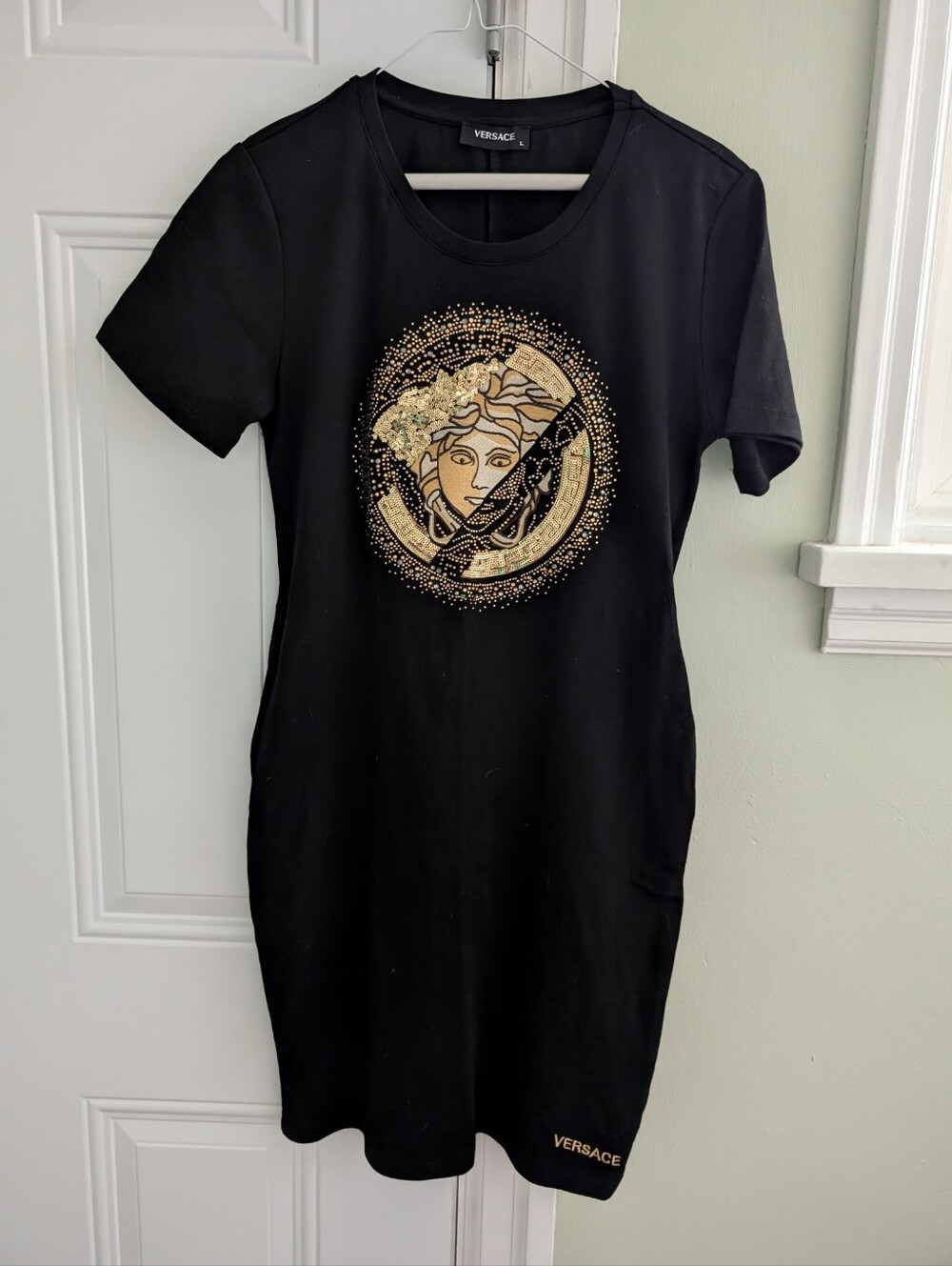 Versace Black Tee Dress with Gold Medusa Graphic
